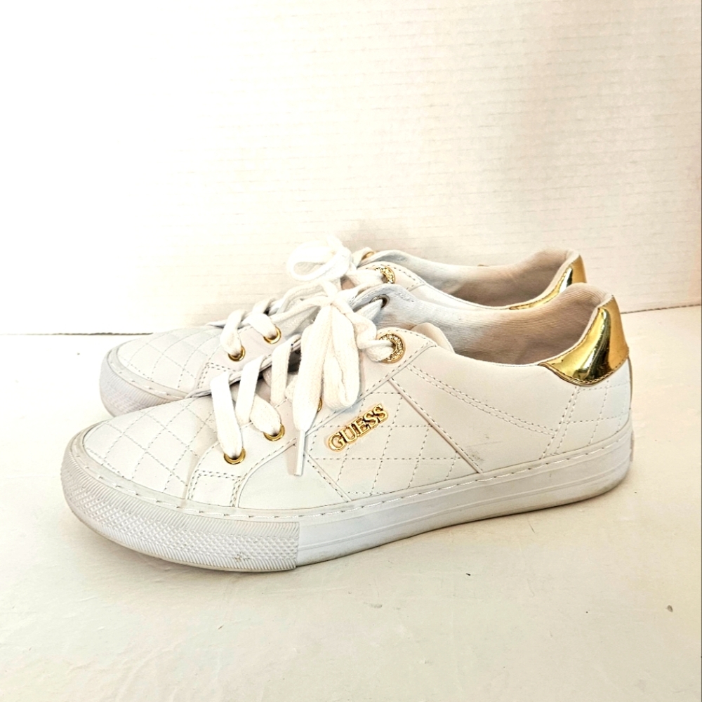 GUESS Women's Loven Lace-Up White and Gold Sneakers Size 7